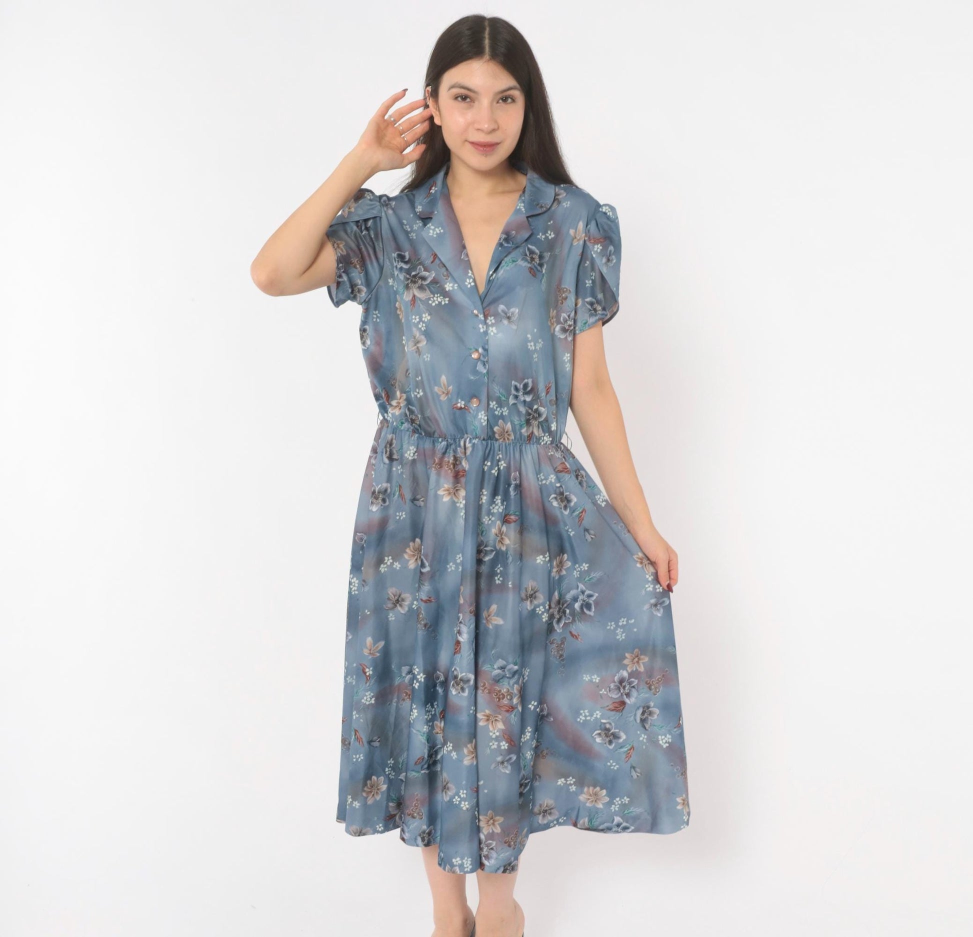 70s Slate Blue Floral Midi Shirtdress Puff Sleeve Notched Collar Large