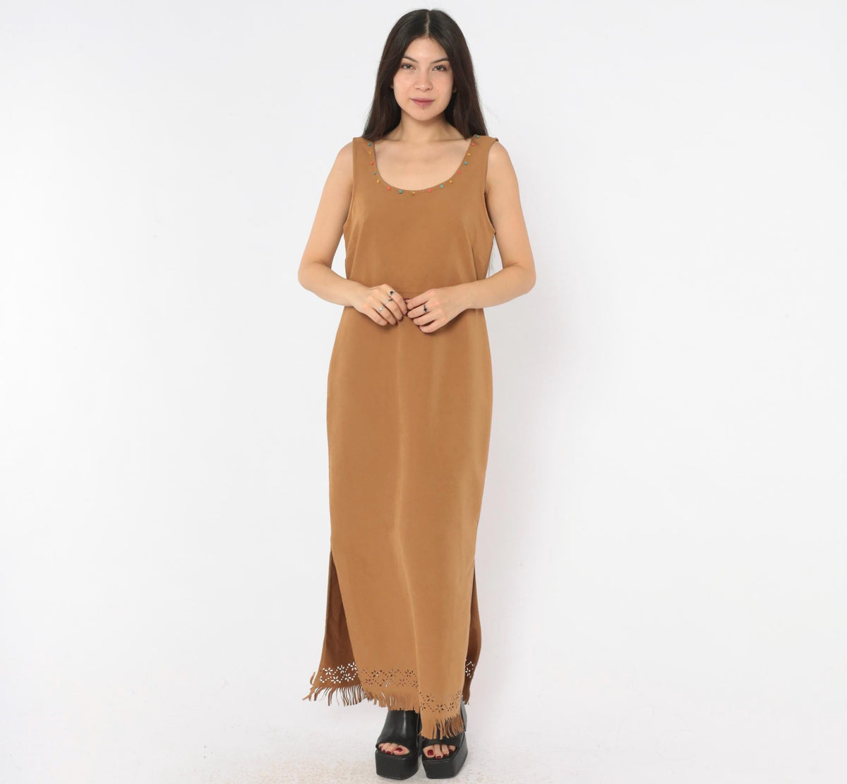 Jessica Howard 2000s Tan Faux Suede Maxi Dress Beaded Scoop Neck Fringe Medium M