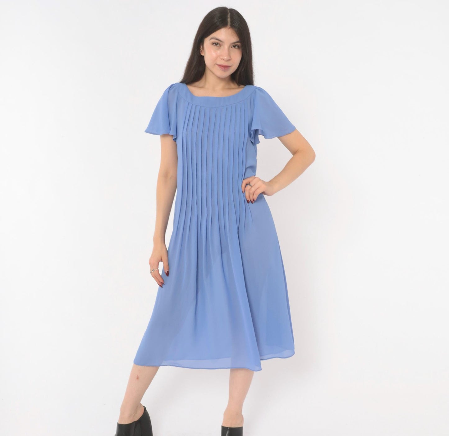 80s David Morris Periwinkle Pintuck Midi Dress Flutter Sleeve Small