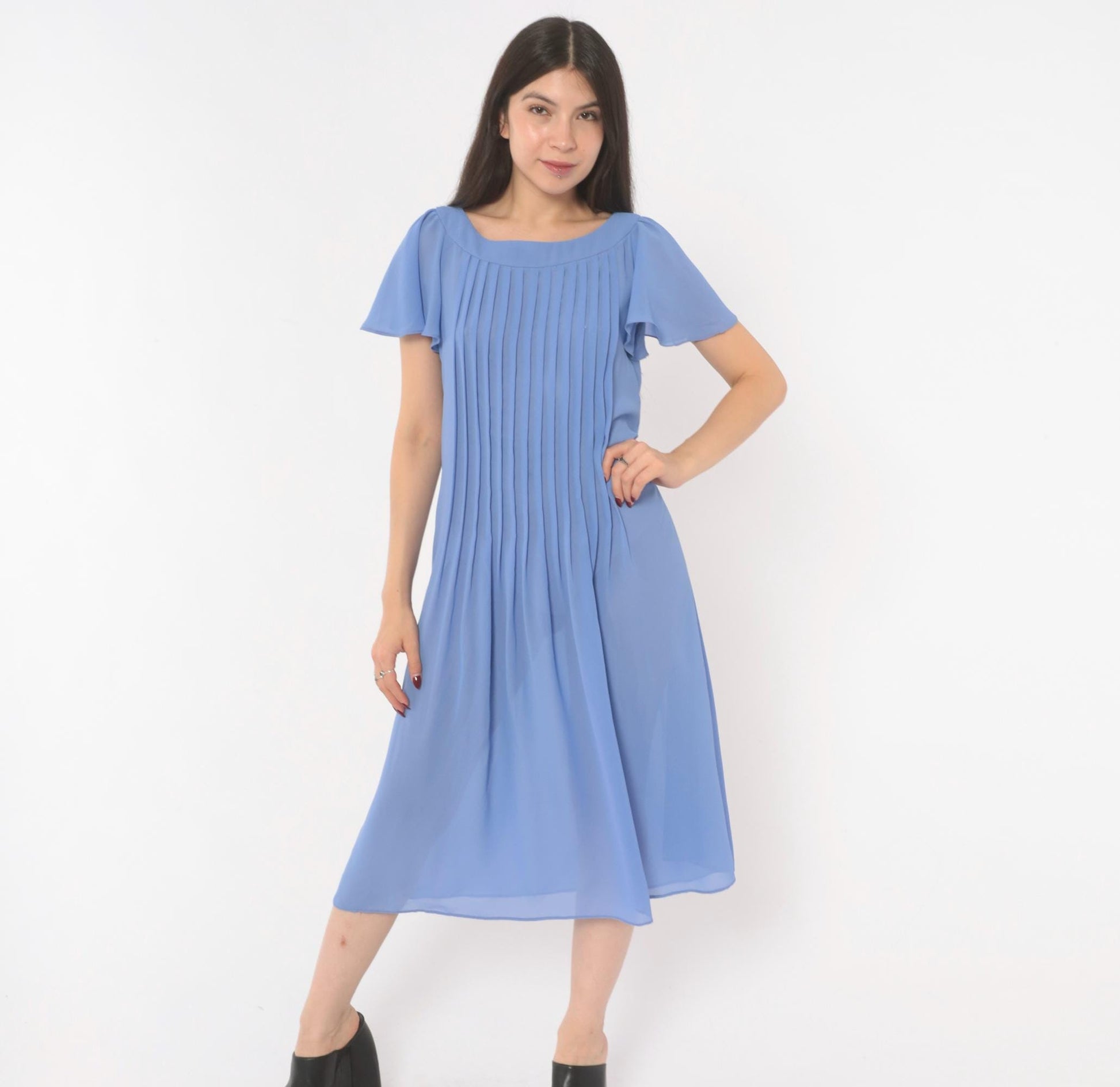 80s David Morris Periwinkle Pintuck Midi Dress Flutter Sleeve Small
