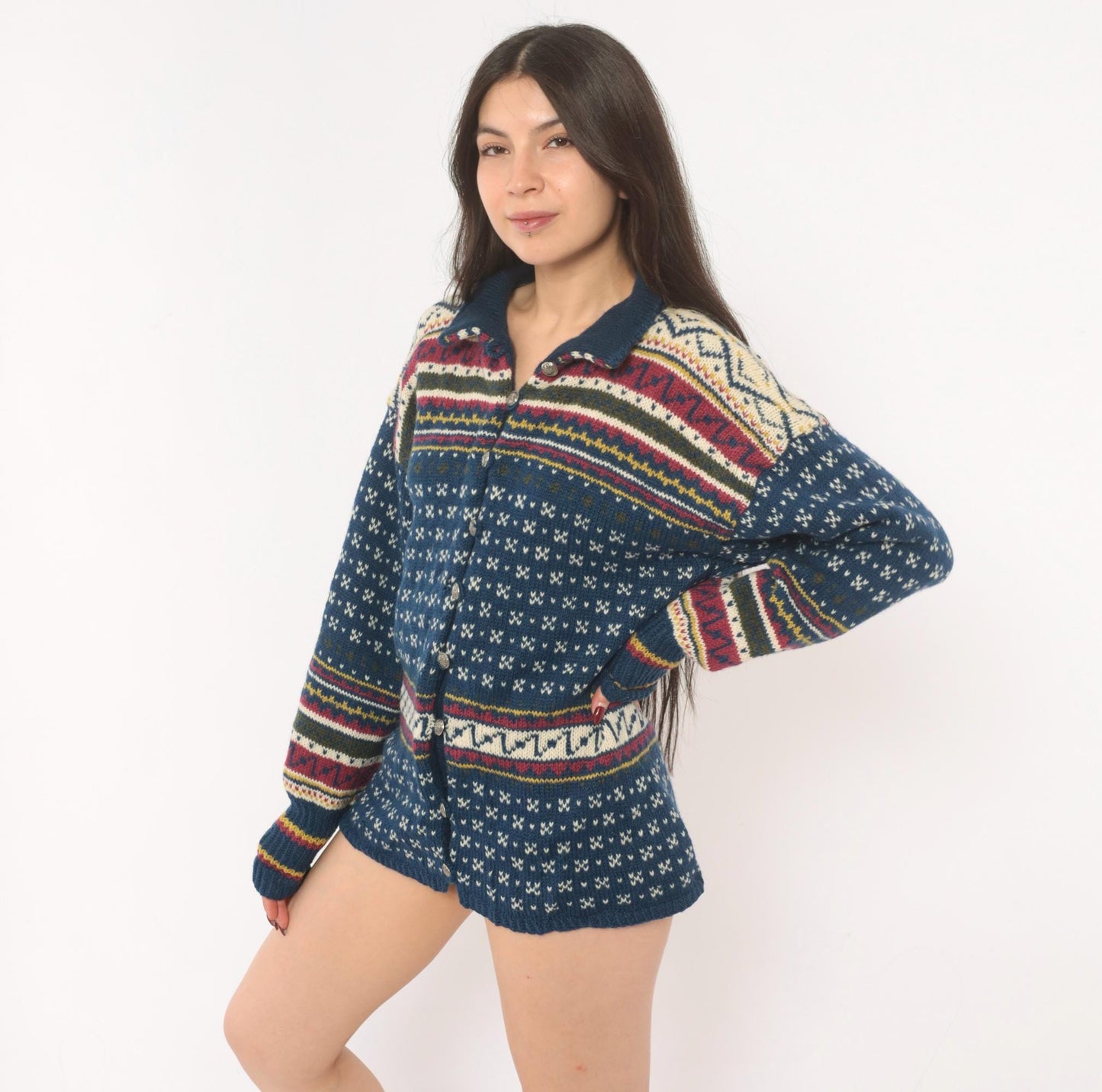 90s Husfliden Norwegian Fair Isle Wool Cardigan Navy Cream Burgundy Medium M