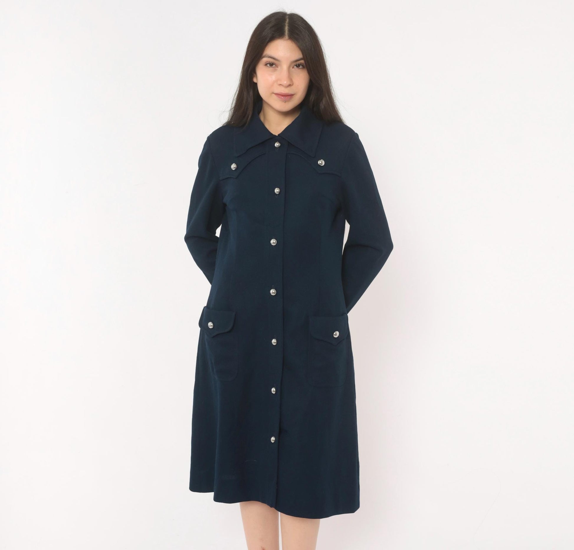 70s R & K Originals Navy Coat Dress Western Yoke Silver Buttons Medium