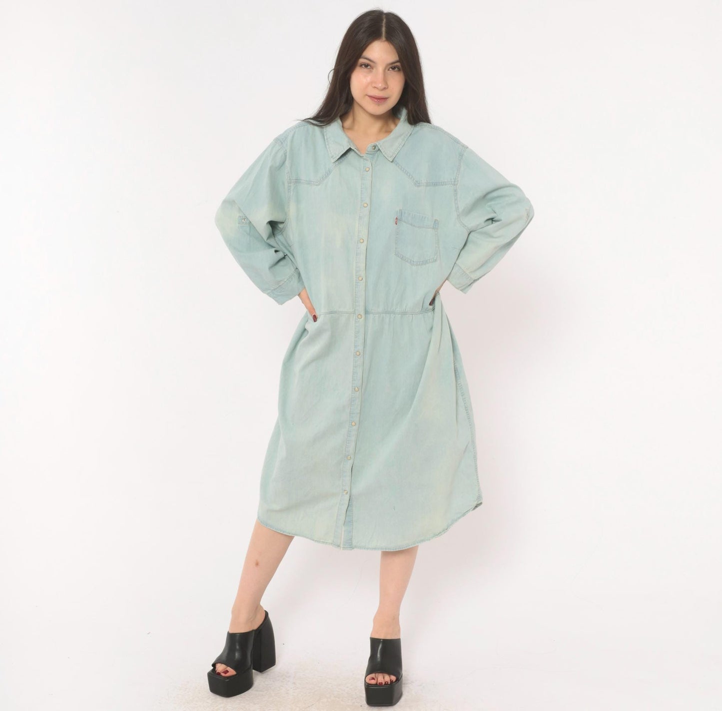 00s Levis Light Wash Denim Shirt Dress Western Yoke Midi Cotton Plus Size 3XL
