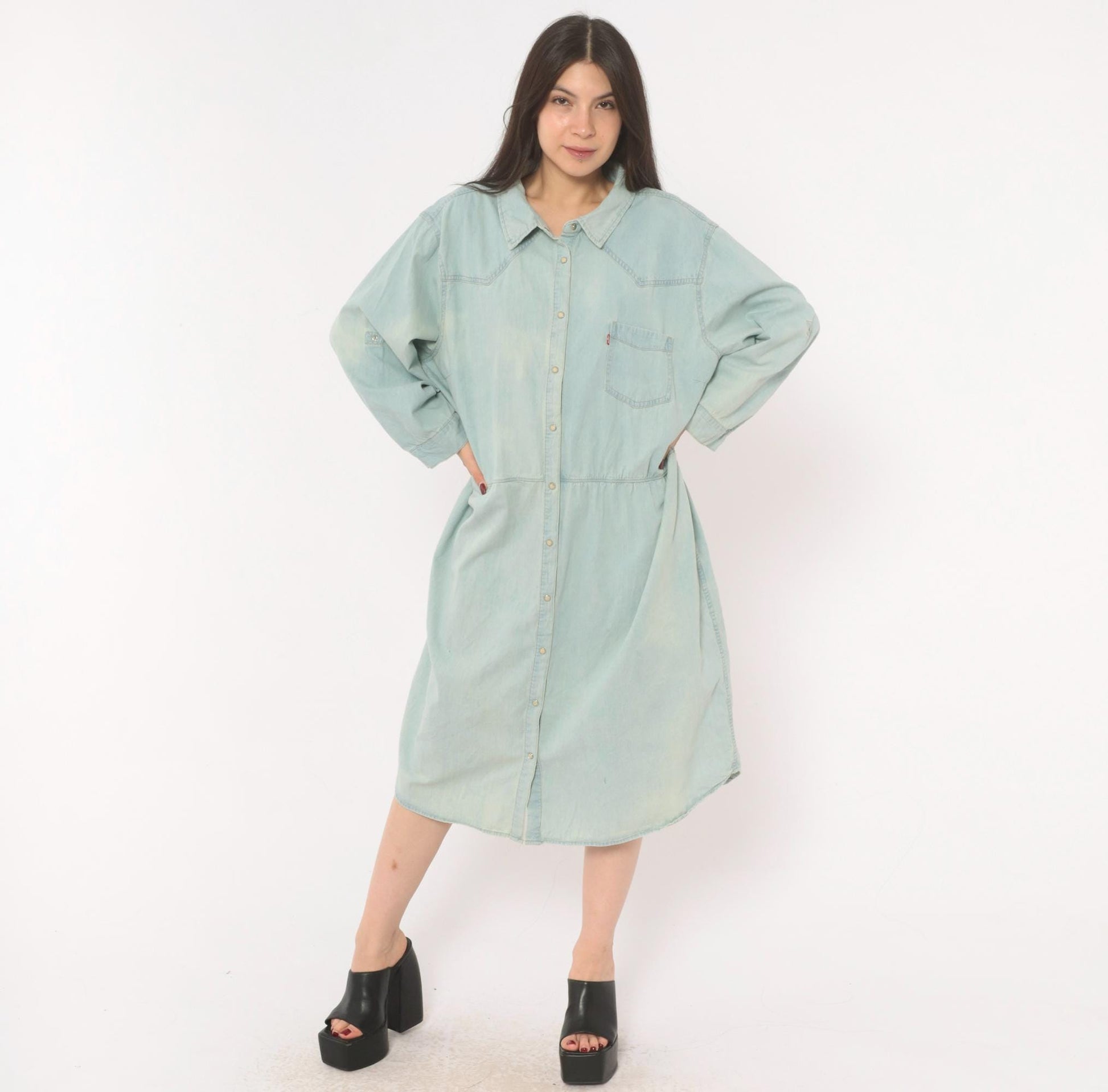 00s Levis Light Wash Denim Shirt Dress Western Yoke Midi Cotton Plus Size 3XL