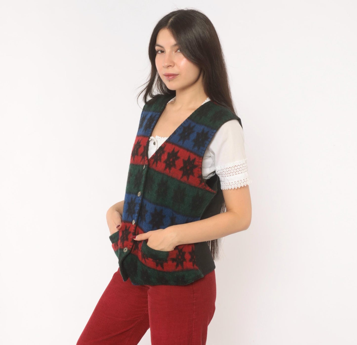90s Erika Wool Vest Star Pattern Striped Navy Burgundy Forest Green Medium M
