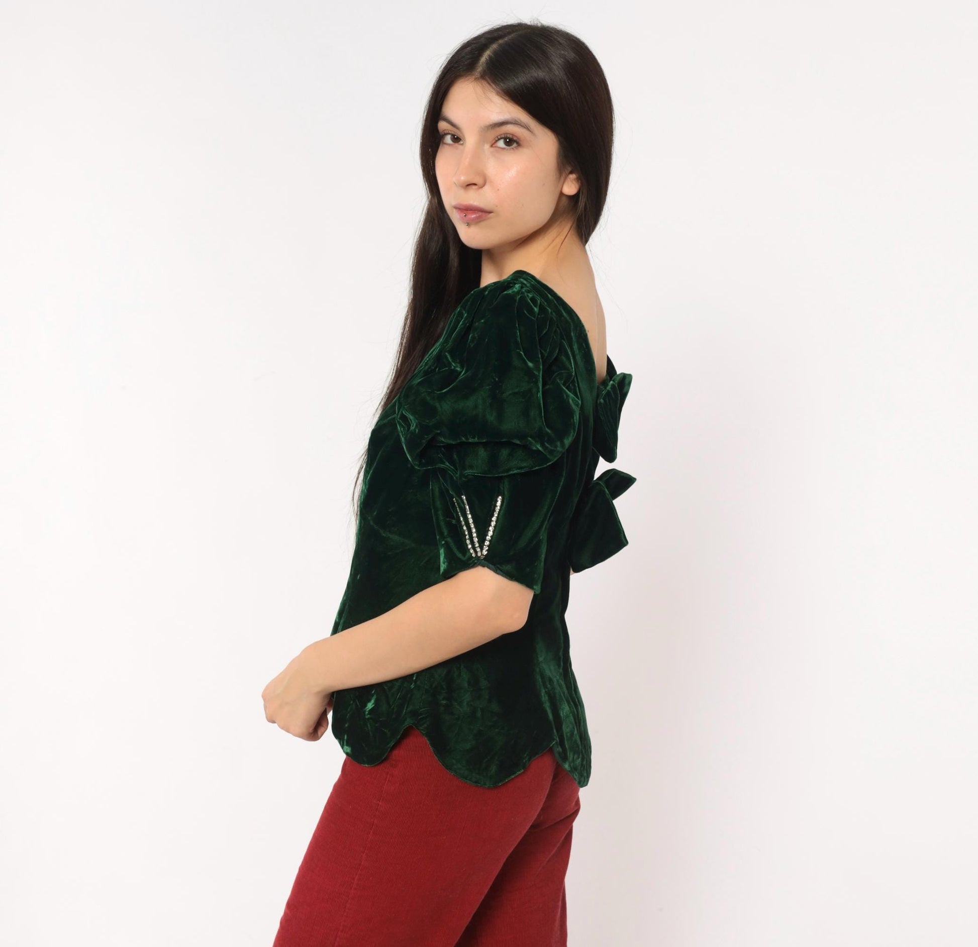80s Emerald Velvet Puff Sleeve Blouse Forest Green Bow Back Rhinestone Medium