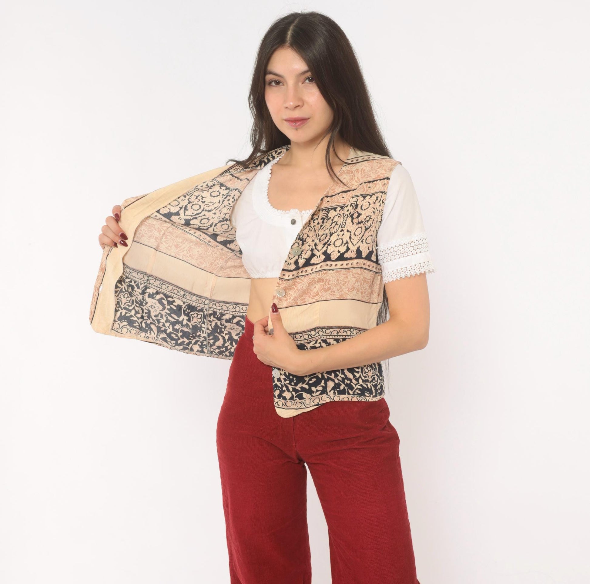 90s L'Amadei Block Print Vest Cream Navy Floral Damask Small S