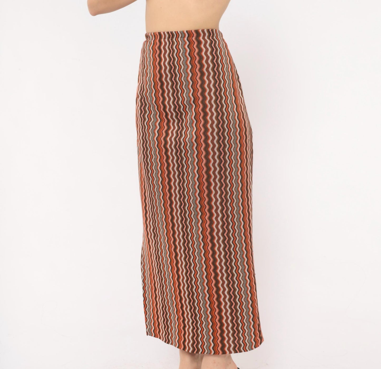 70s Orange Brown Zigzag Knit Maxi Skirt Chevron Stripe Elastic Waist Large