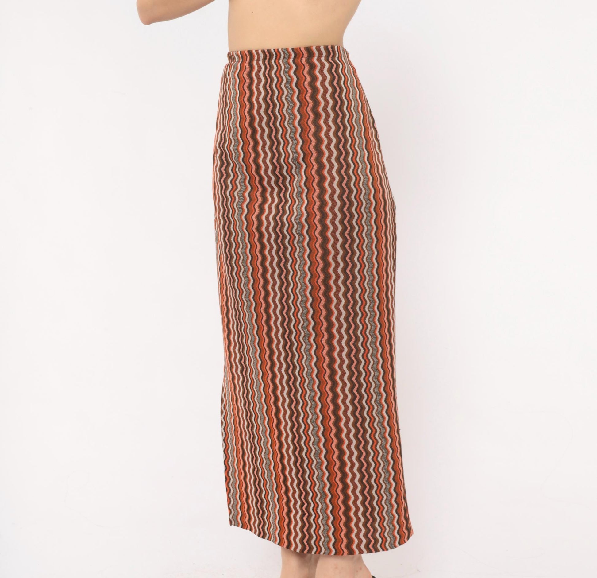 70s Orange Brown Zigzag Knit Maxi Skirt Chevron Stripe Elastic Waist Large