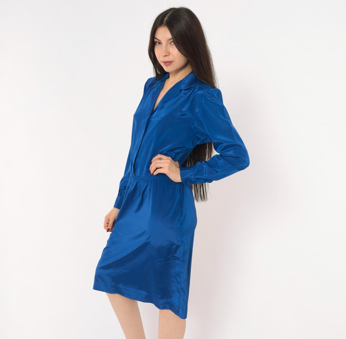 80s Cobalt Blue Satin Shirt Dress V Neck Gathered Waist Knee Length Medium M