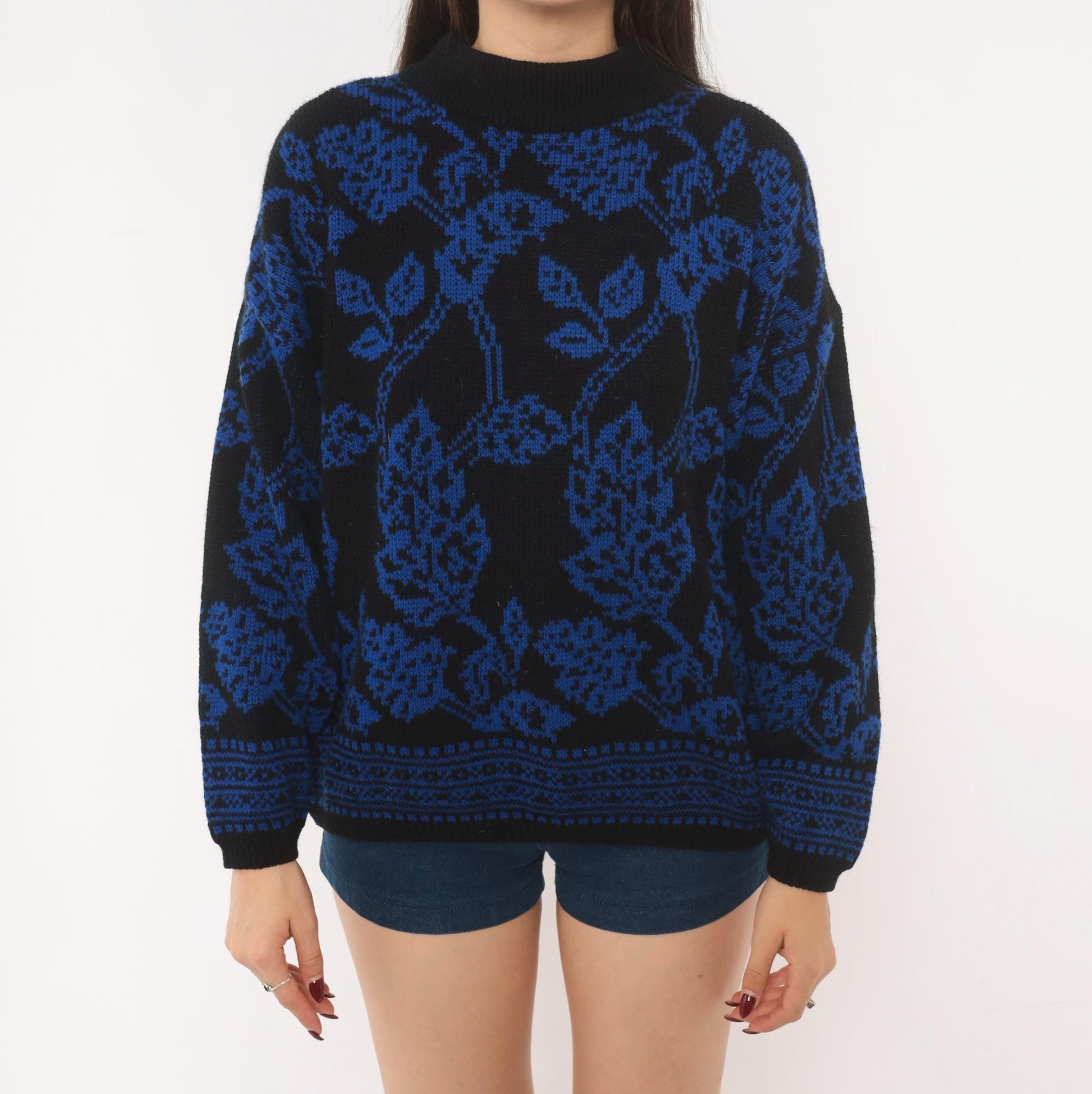 80s Jamie Scott Floral Knit Sweater Black Blue Rose Jacquard Medium