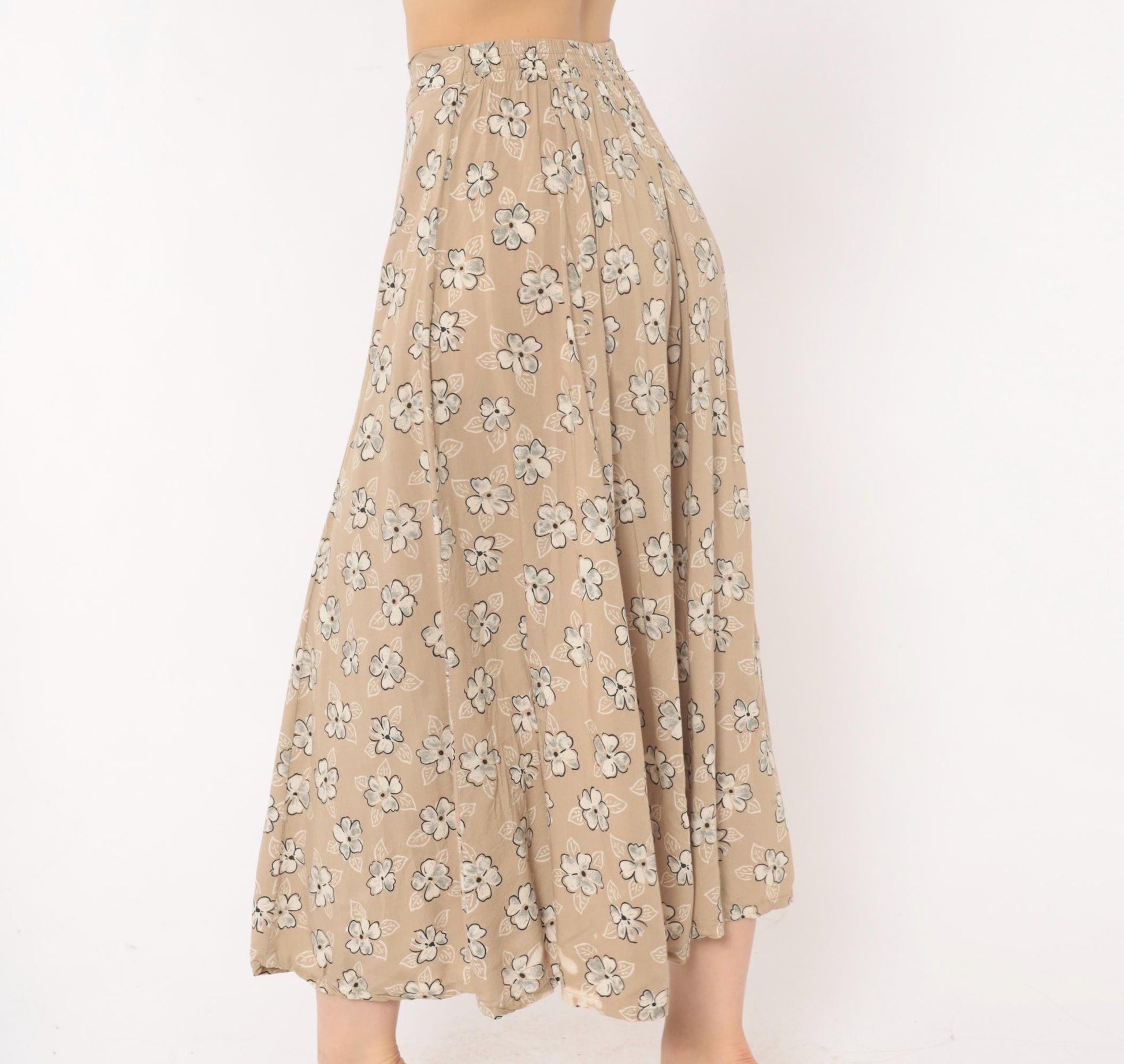 90s Tan Floral Maxi Skirt A-Line Button Front Elastic Waist Medium