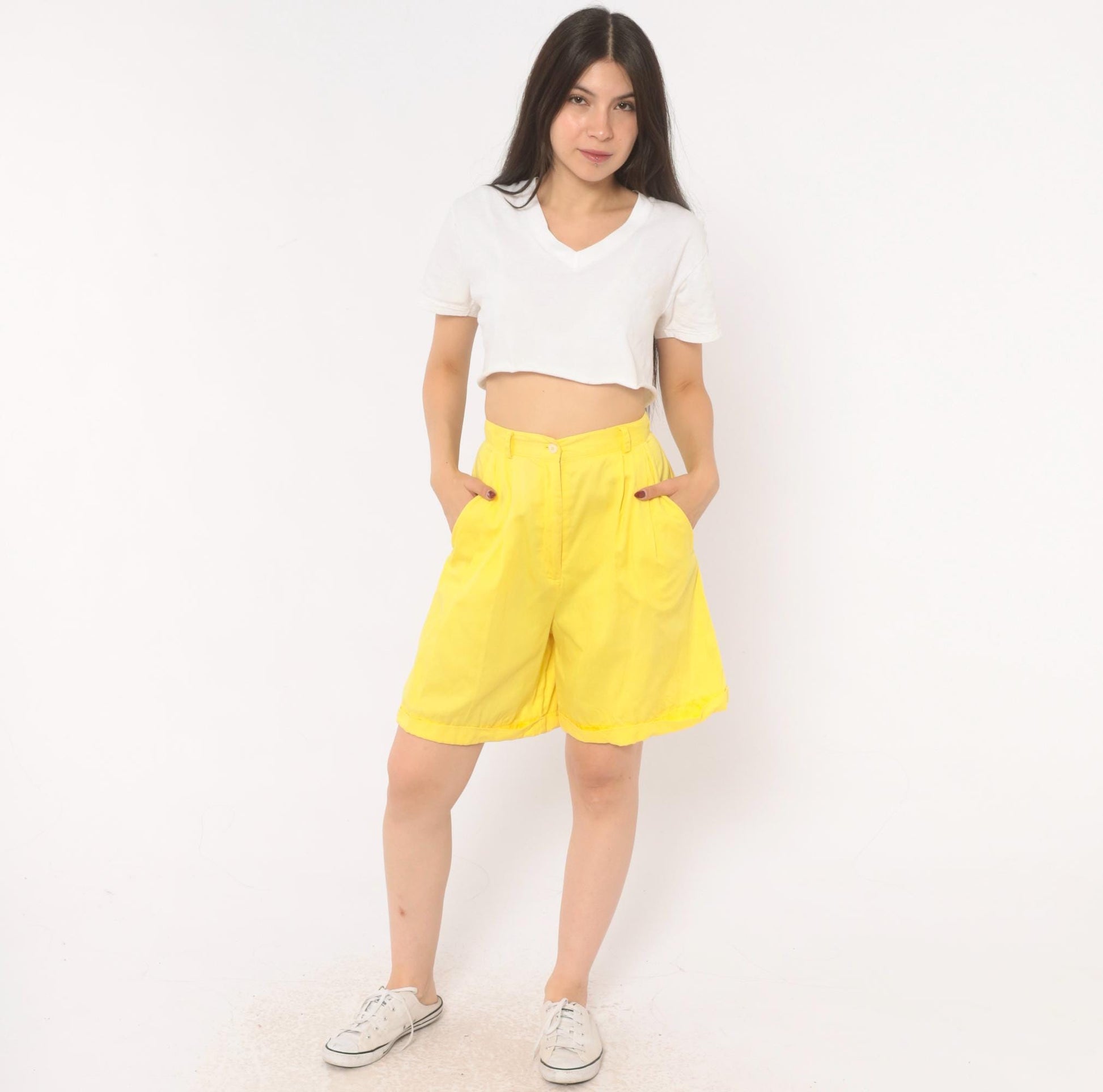 80s Jaclyn Smith Butter Yellow Pleated Bermuda Shorts High Waist Cotton Extra Small XS