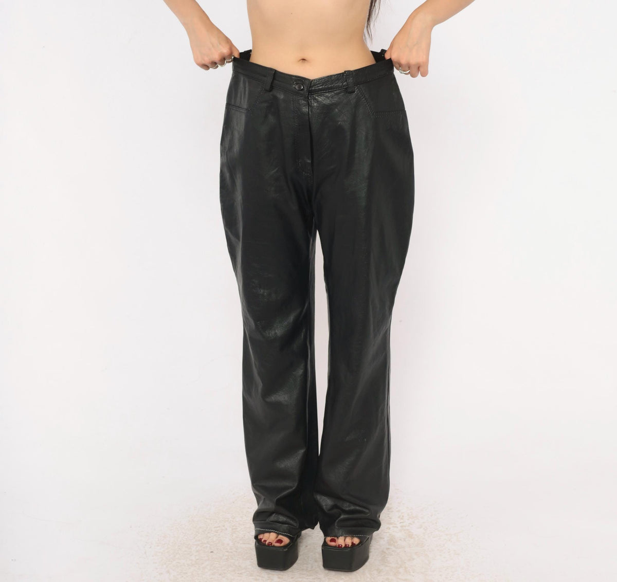 90s Black Leather Pants High Waist Straight Leg Moto Trousers Medium M