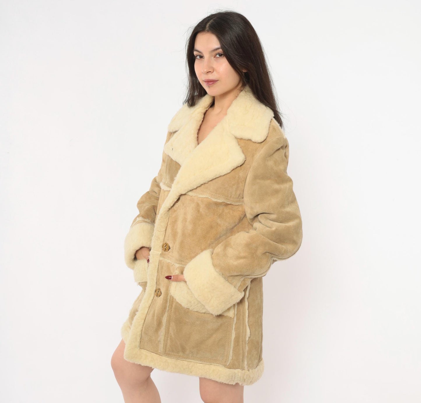 70s Tan Suede Shearling Jacket Wool Lined Cream Sherpa Collar Extra Large XL
