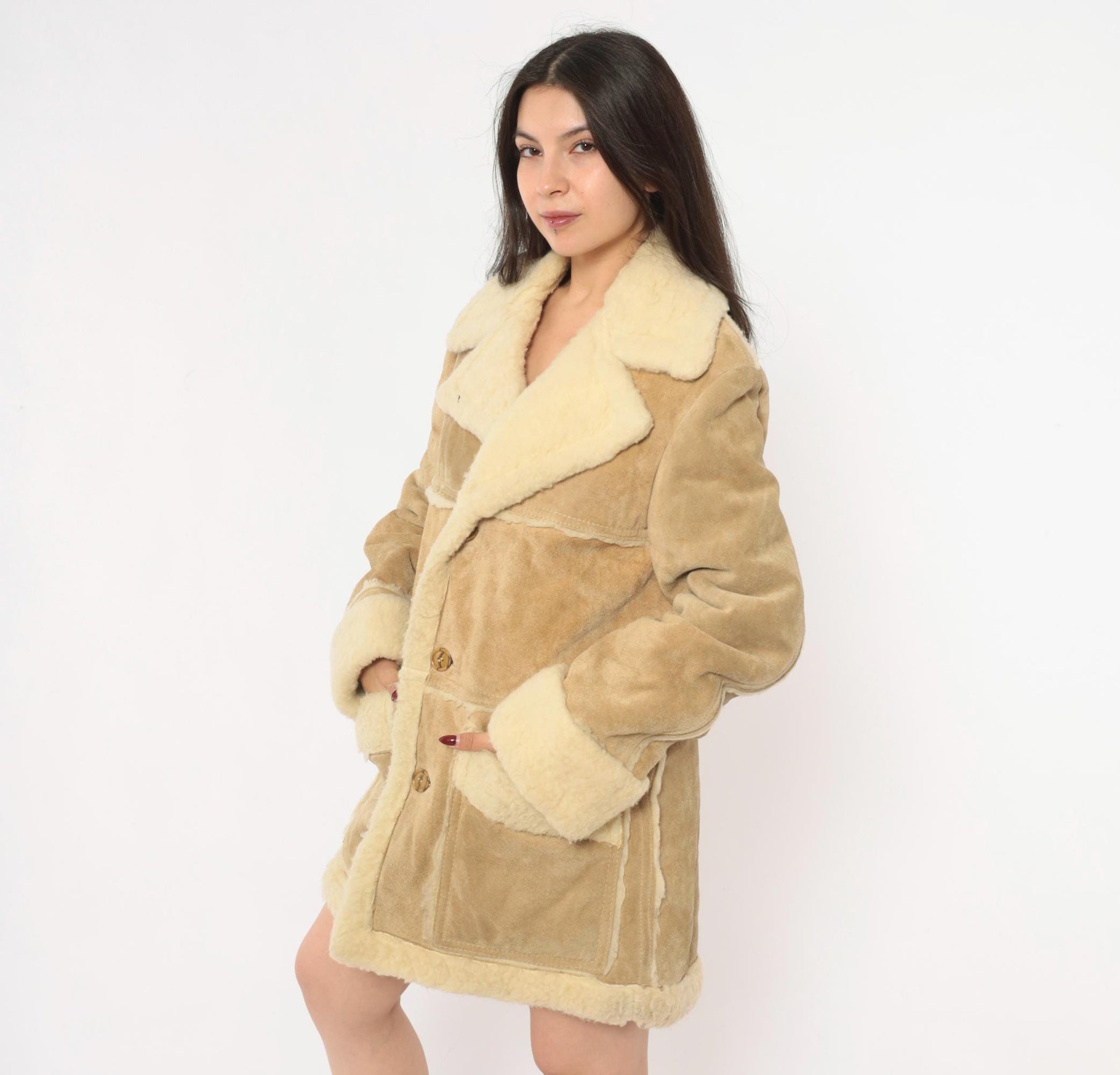 70s Tan Suede Shearling Jacket Wool Lined Cream Sherpa Collar Extra Large XL