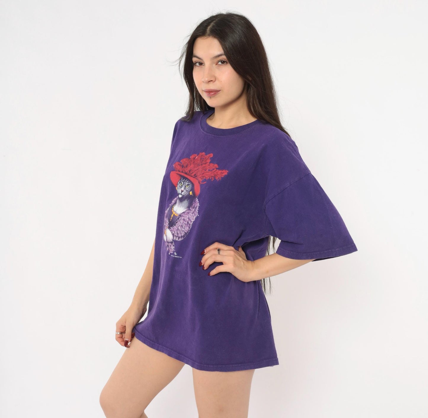 Y2K Gildan Cat Graphic Tee Purple Feather Boa Red Hat Extra Large XL