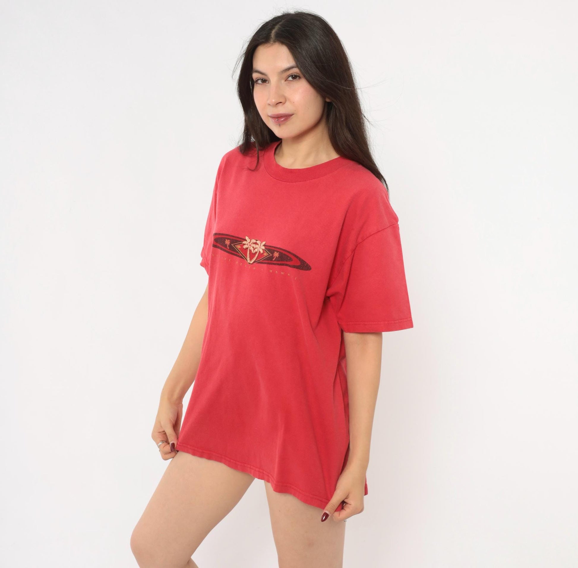 90s Waikiki Beach Hawaii Hanes Tee Red Cotton Palm Tree Graphic Large L