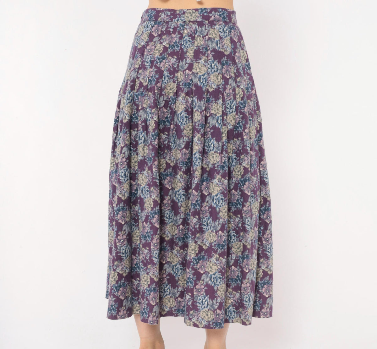 80s Laura Ashley Purple Floral Pleated Skirt High Waist Cotton Wool Small