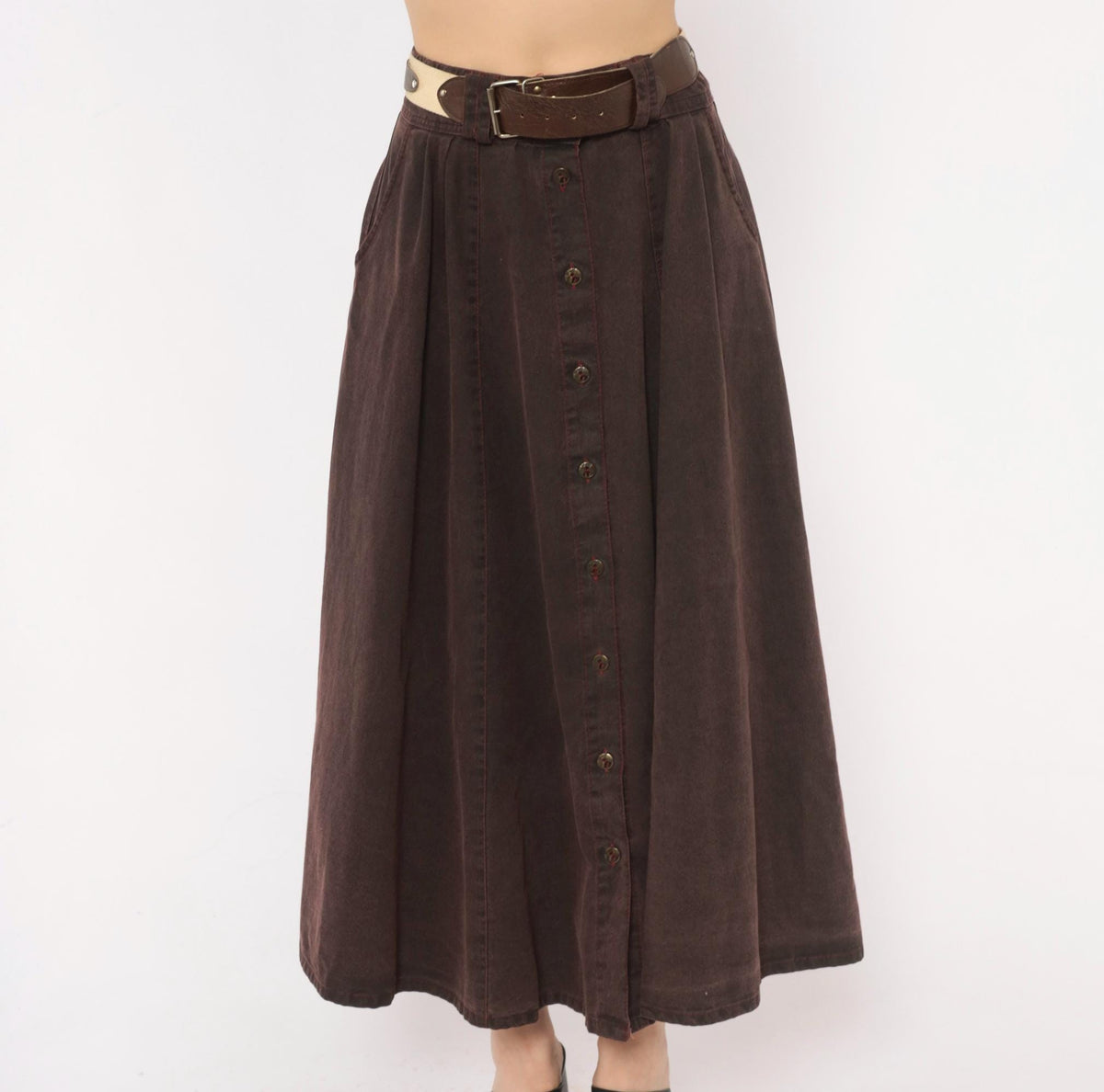 80s Burgundy Cotton Skirt Button Front A-Line High Waist Pockets Small S