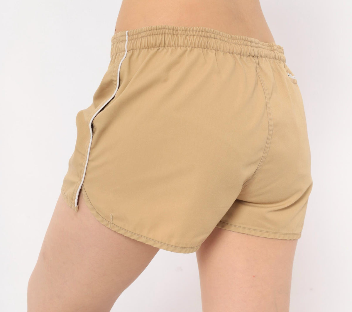 80s Cest. Joli Tan Running Shorts White Piping Dolphin Hem Medium