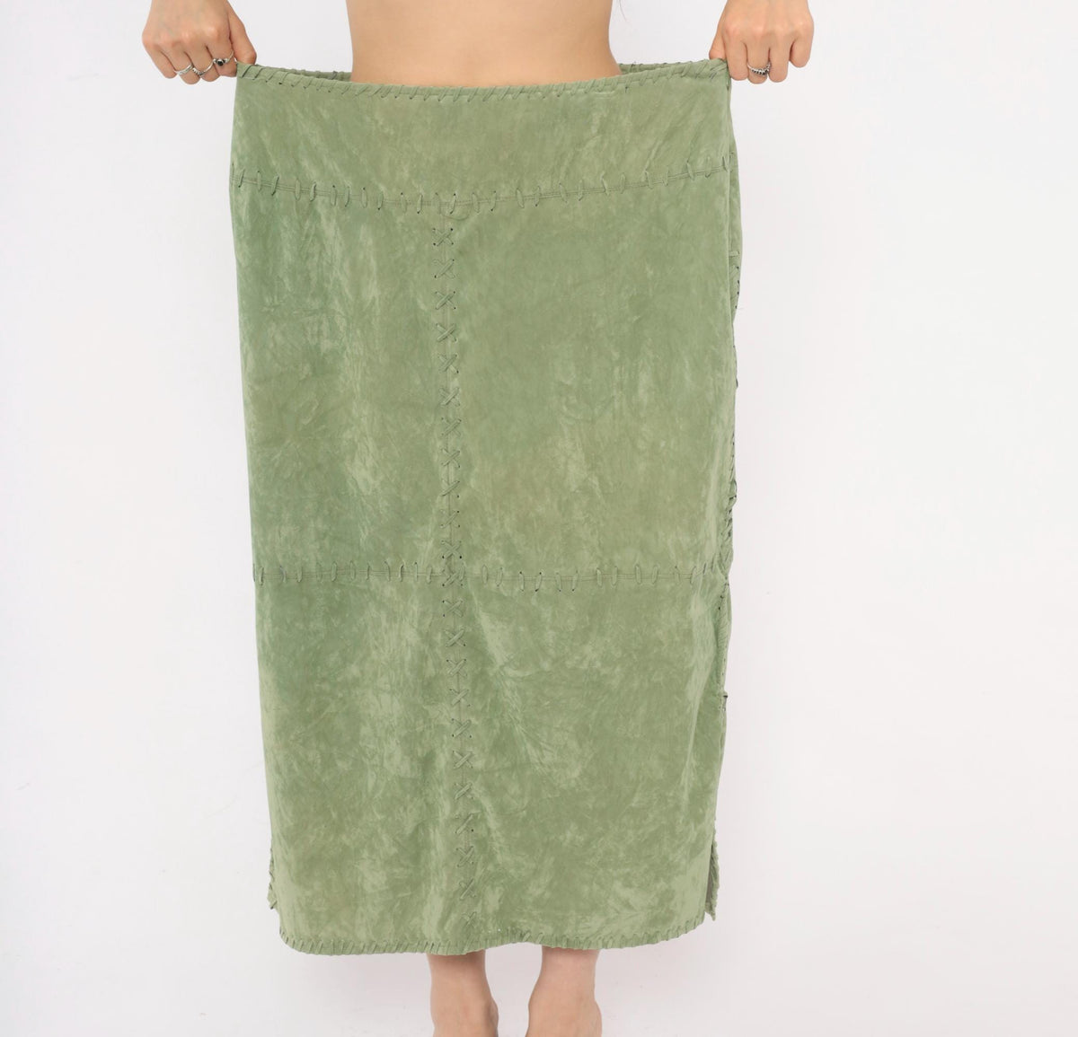 Y2K Mint Green Faux Suede Skirt Canyon Road Whipstitch Knee Length Extra Large
