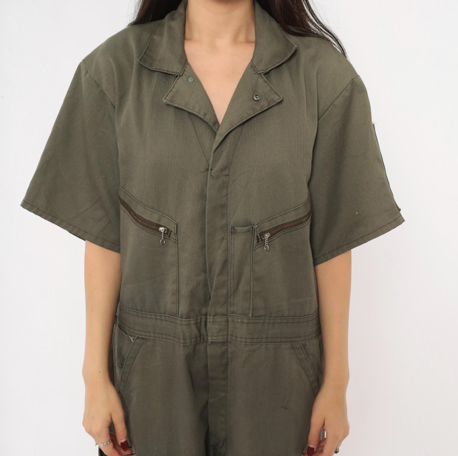90s Dickies Olive Coveralls Zip Front Short Sleeve Jumpsuit Workwear Extra Large