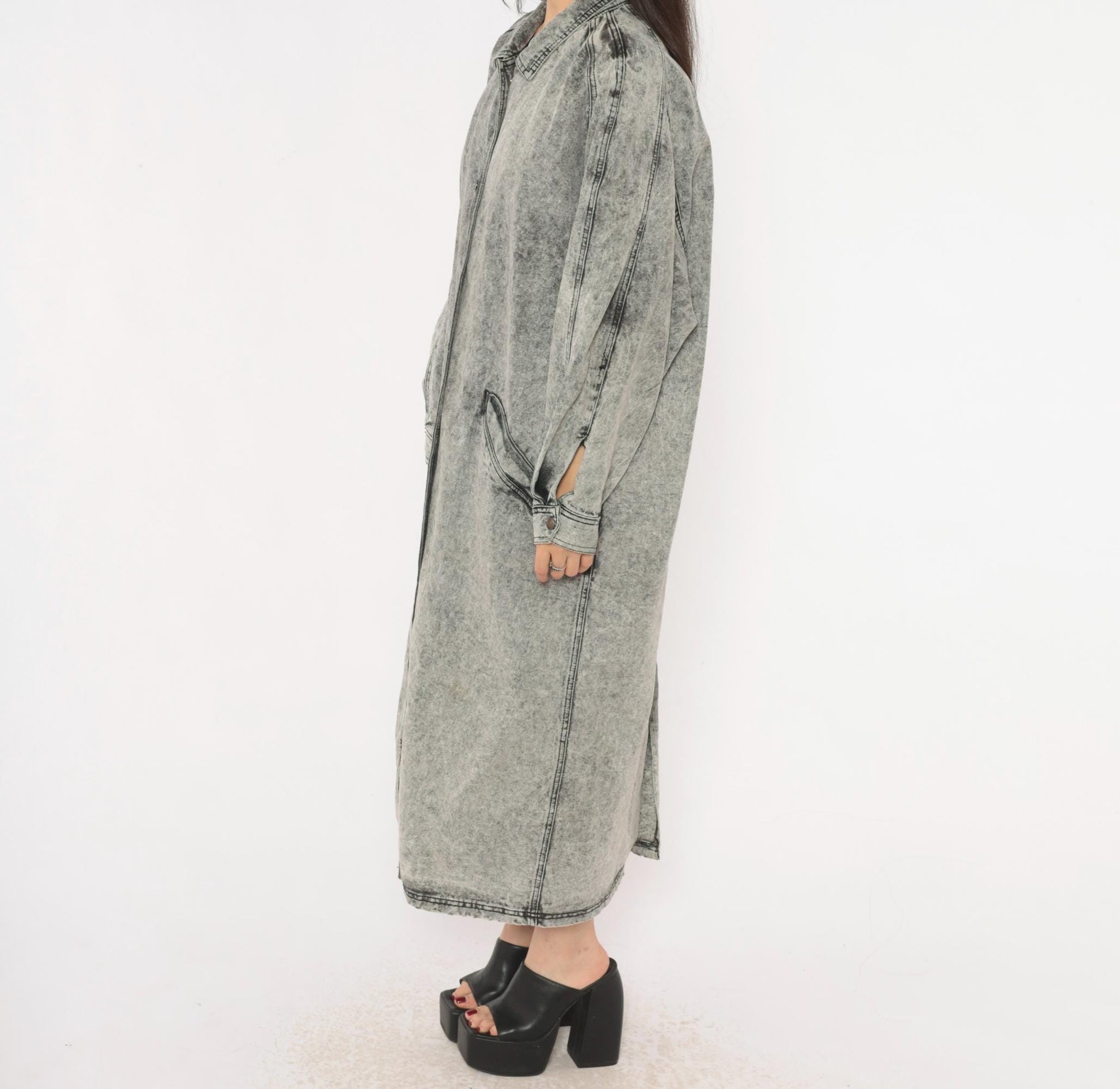 90s Acid Wash Denim Duster Grey Snap Front Maxi Jacket Cotton Medium M
