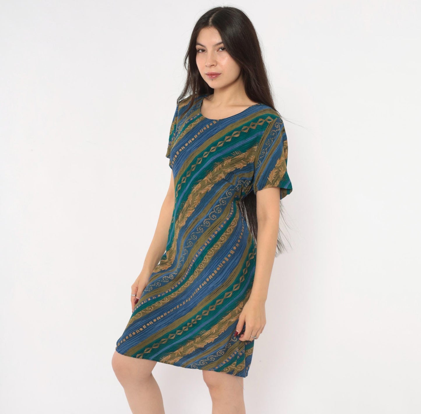 90s Tribal Geometric Sundress Blue Teal Gold Diagonal Stripe A-Line Medium M