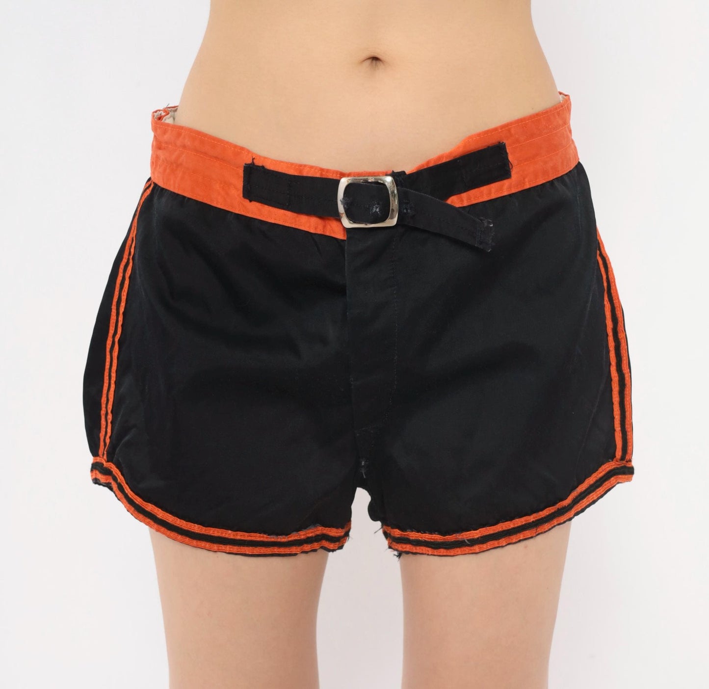 70s Mason Black Athletic Shorts Orange Stripe High-Waist Dolphin Medium M