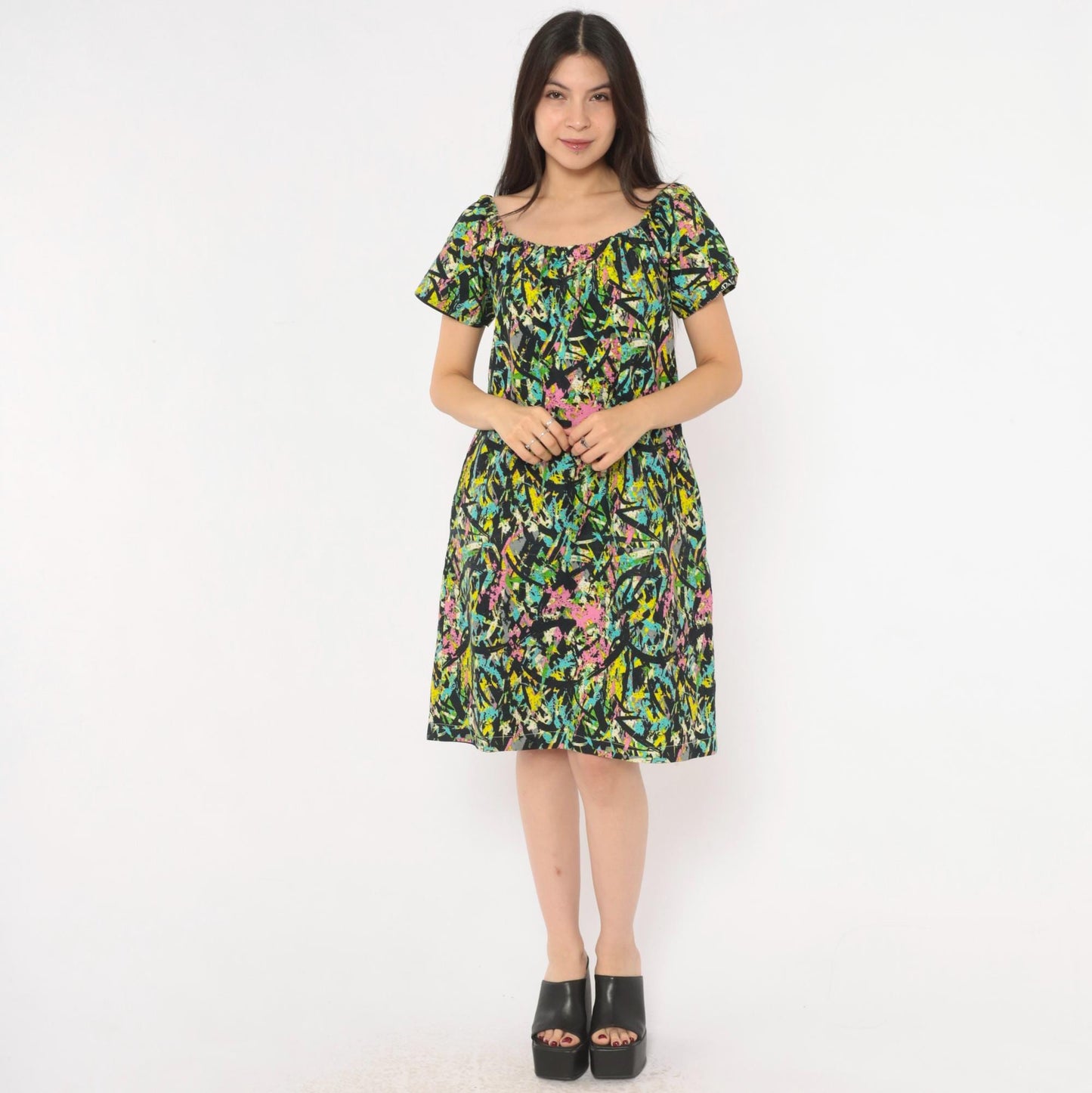 70s Splatter Paint Shift Dress Abstract Print Cotton A-Line Medium