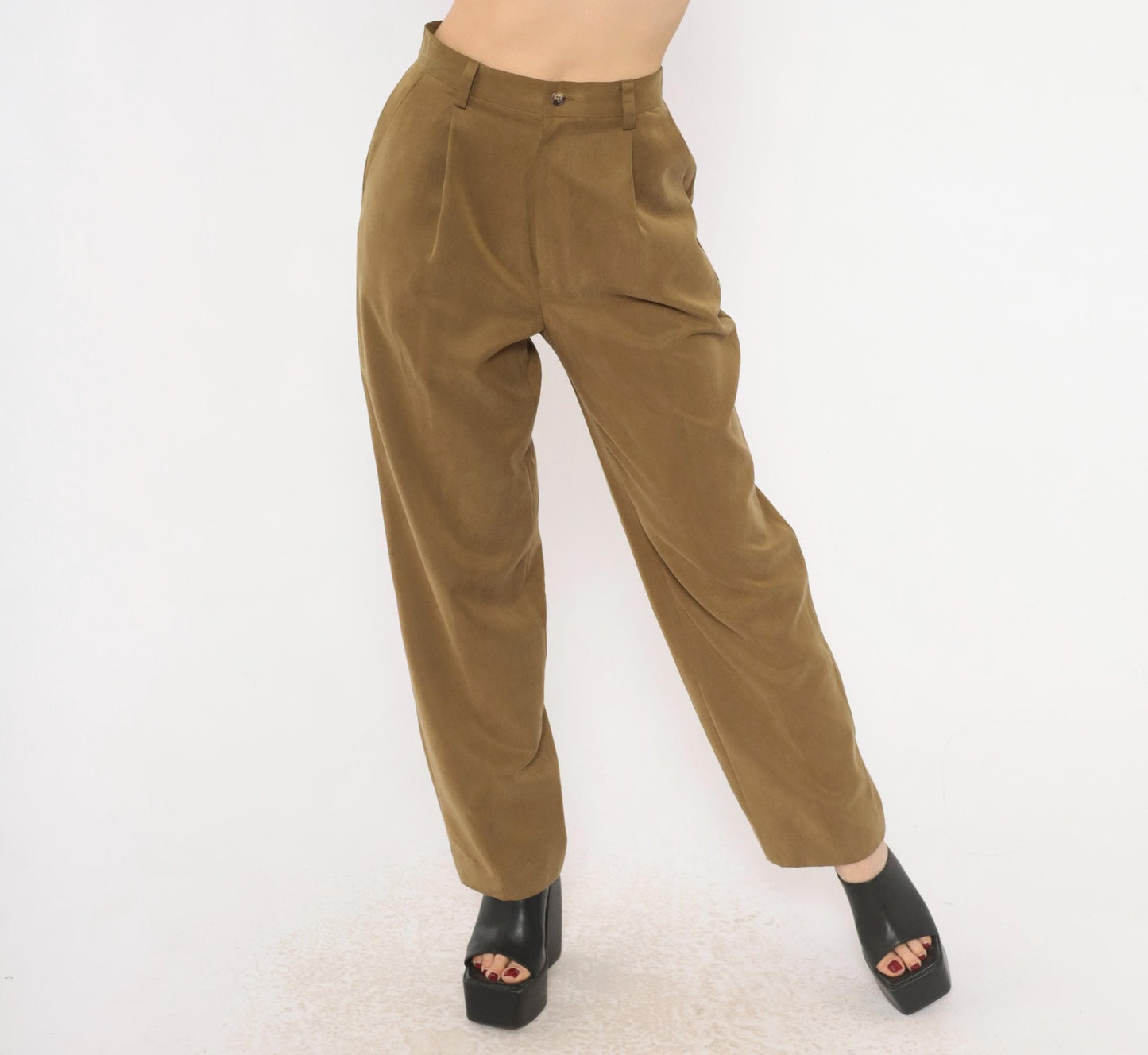 90s Pleated High-Waist Trousers Olive Tapered Leg Front Pleat Extra Small XS