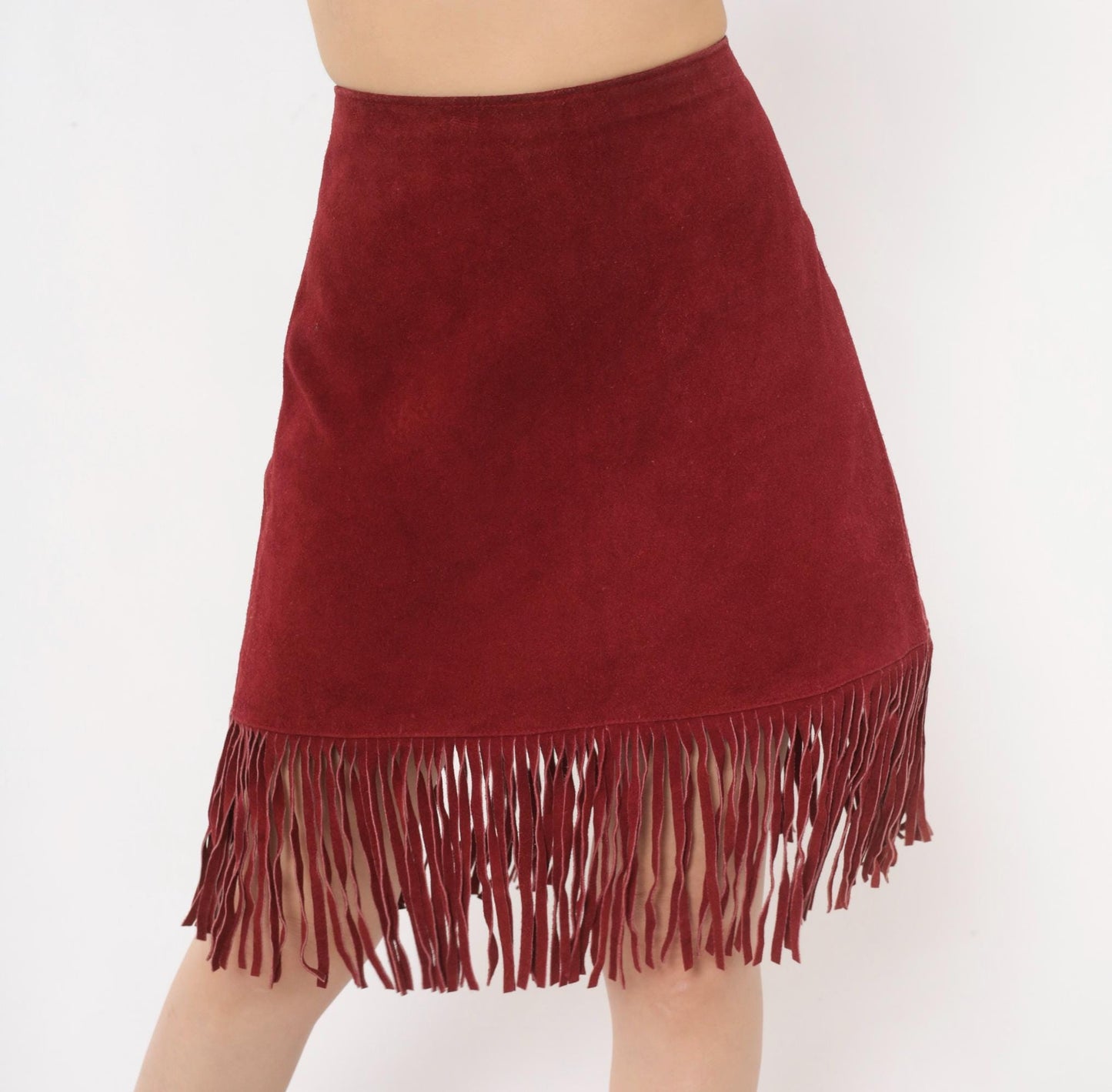 80s Passport Burgundy Suede Fringe A-Line Skirt High Waist Knee Length Large