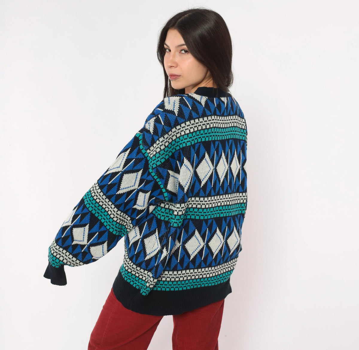 90s Sun Set High Way Geometric Knit Cardigan Navy Teal Diamond Fair Isle Large L