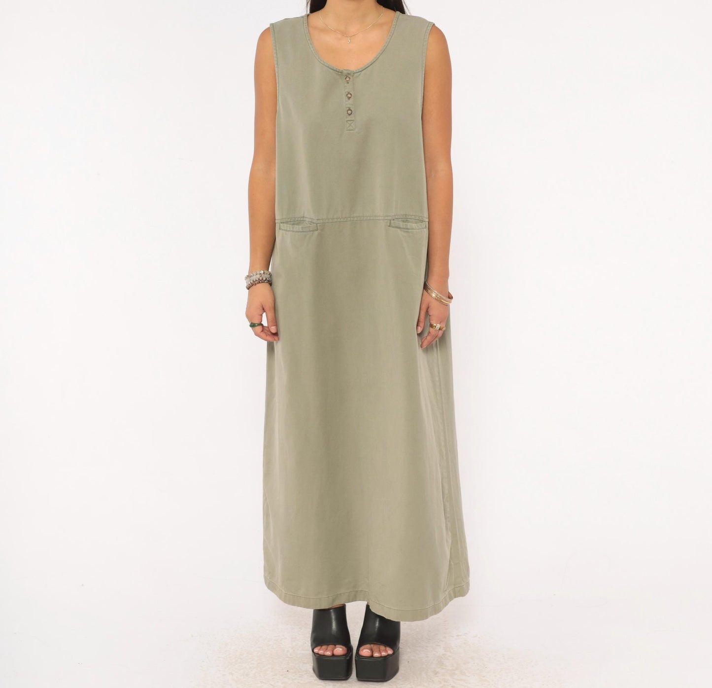 90s L.L.Bean Sleeveless Maxi Dress Sage Olive Cotton A-Line Pockets Extra Large XL