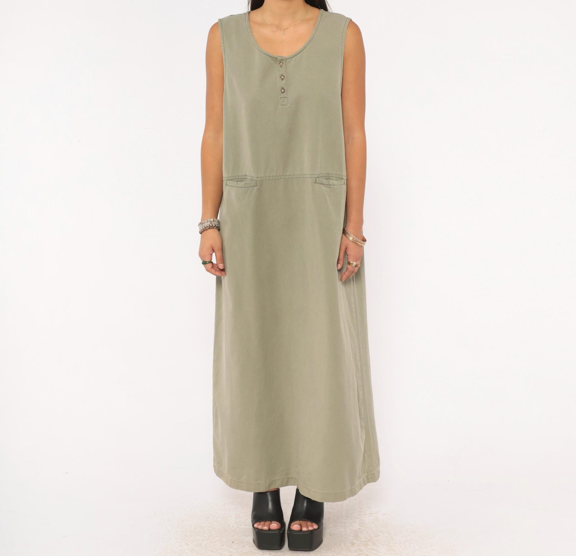 90s L.L.Bean Sleeveless Maxi Dress Sage Olive Cotton A-Line Pockets Extra Large XL