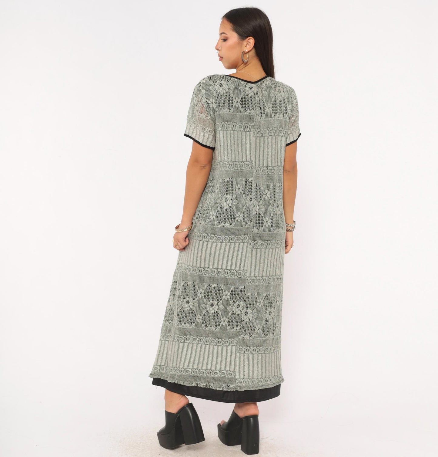 90s Grey Diamond Lace Knit Maxi Dress A-Line Short Sleeve Large L