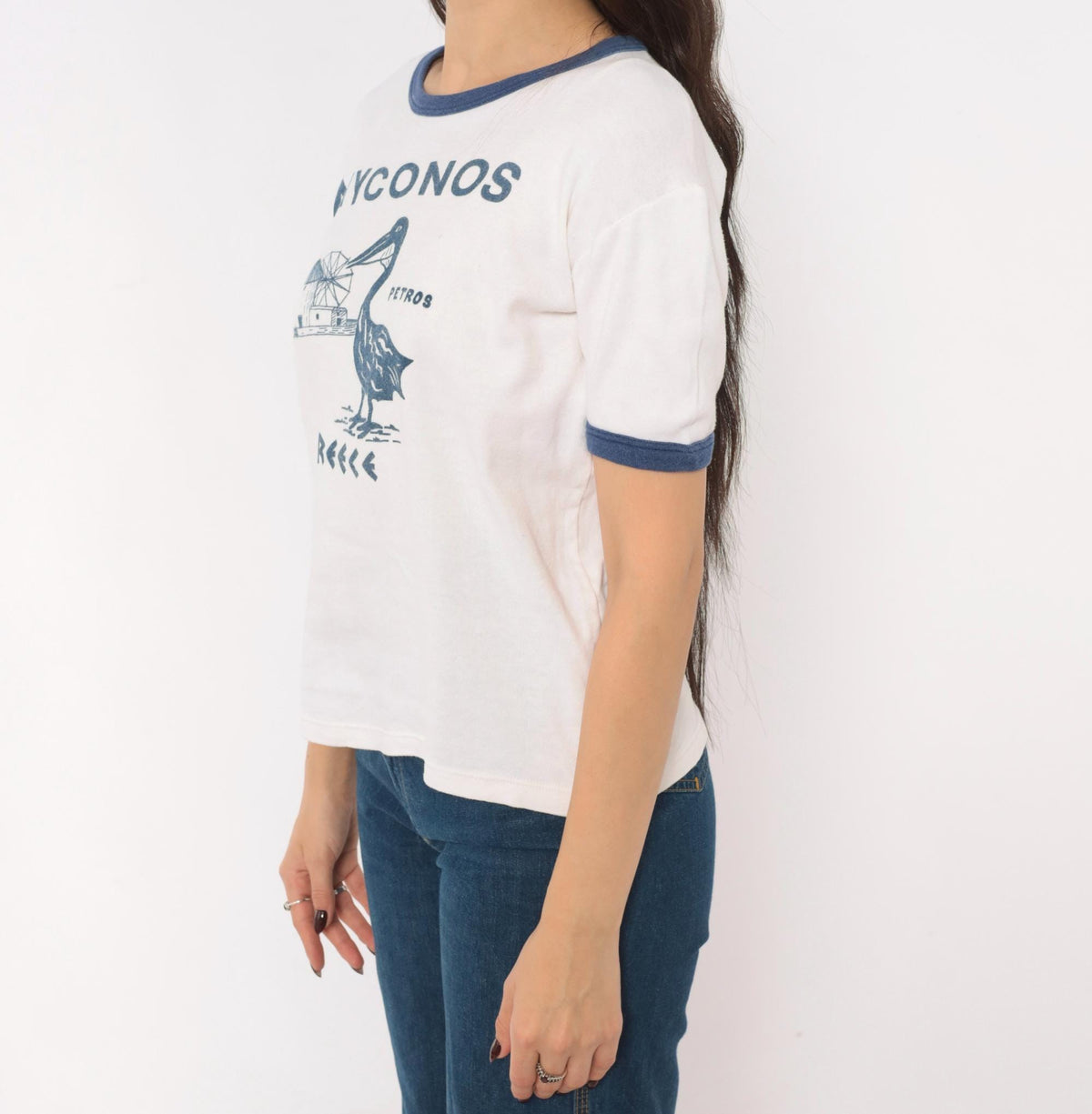 80s Mykonos Greece Ringer Tee White Navy Pelican Windmill Cotton Medium