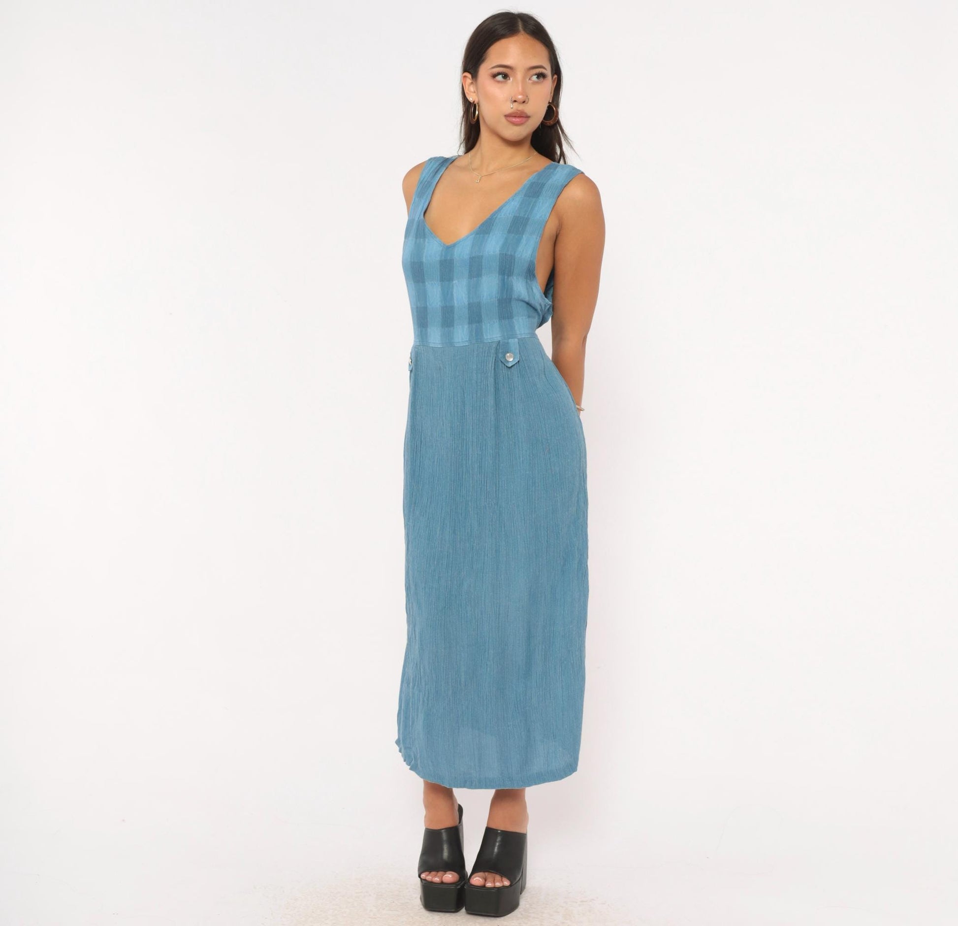 90s Whirlaway Frocks Blue Gingham Midi Dress Tie Back V Neck Large L