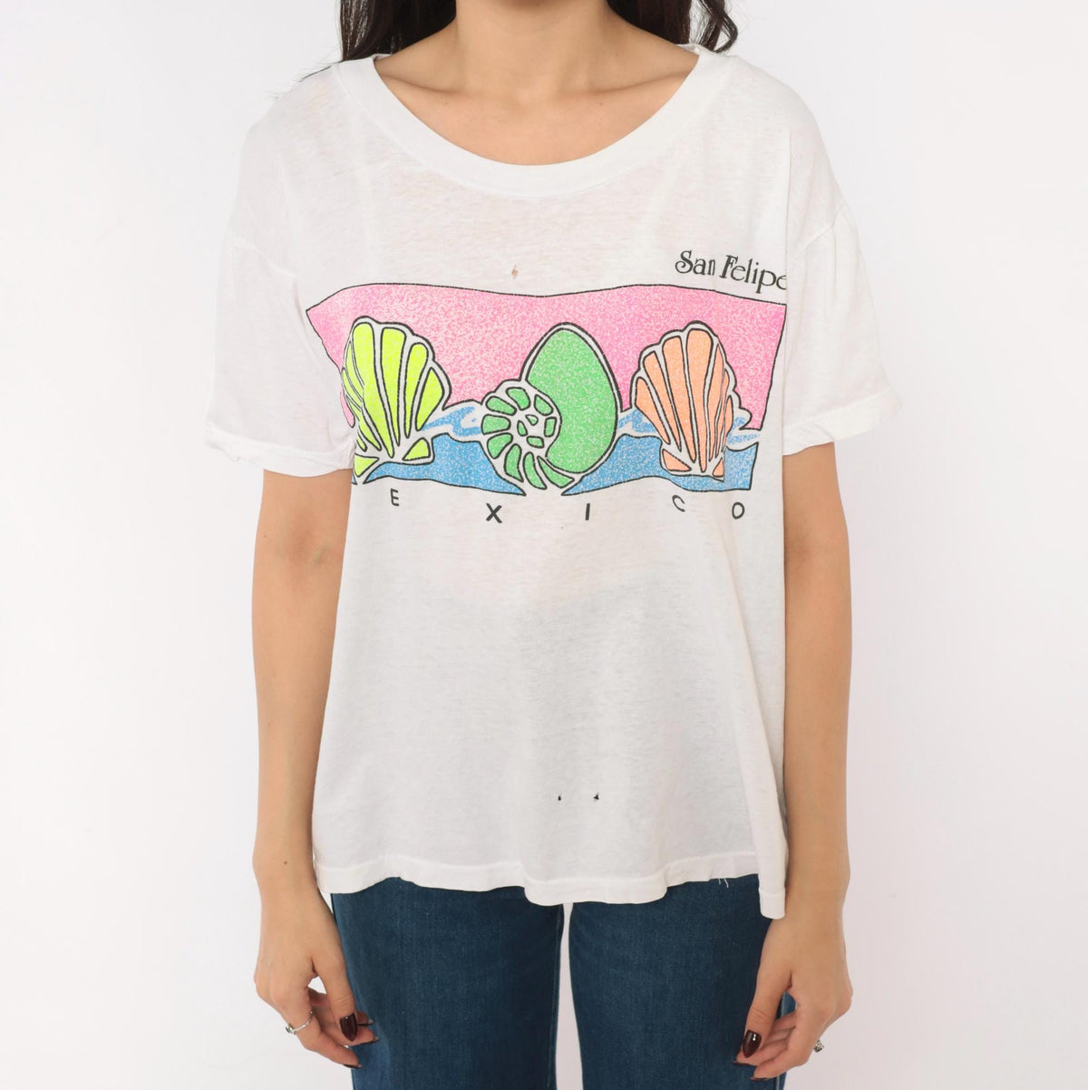 90s San Felipe Mexico Souvenir Tee White Cotton Neon Shell Graphic Medium