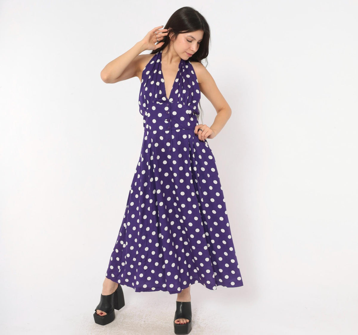 Y2K Purple White Polka Dot Halter Midi Dress Backless Rayon Large