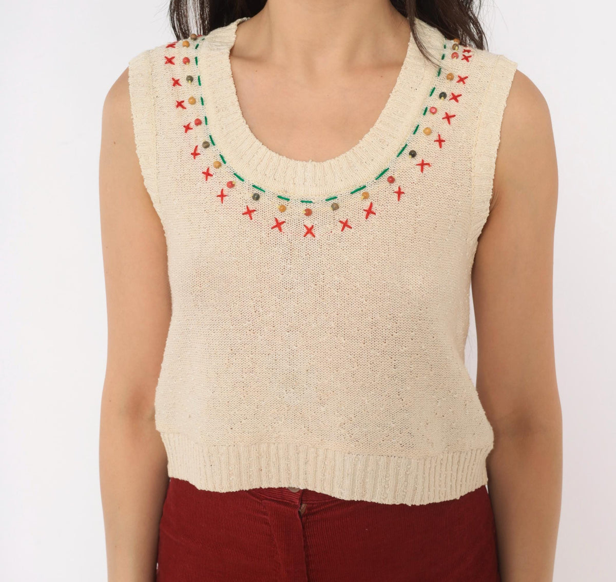 70s Cream Cotton Knit Vest Cross Stitch Embroidered Beaded Neckline Small