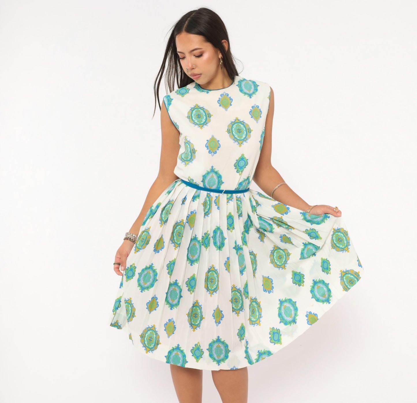 60s R & K Originals Medallion Print Dress Teal White Pleated A-Line Medium