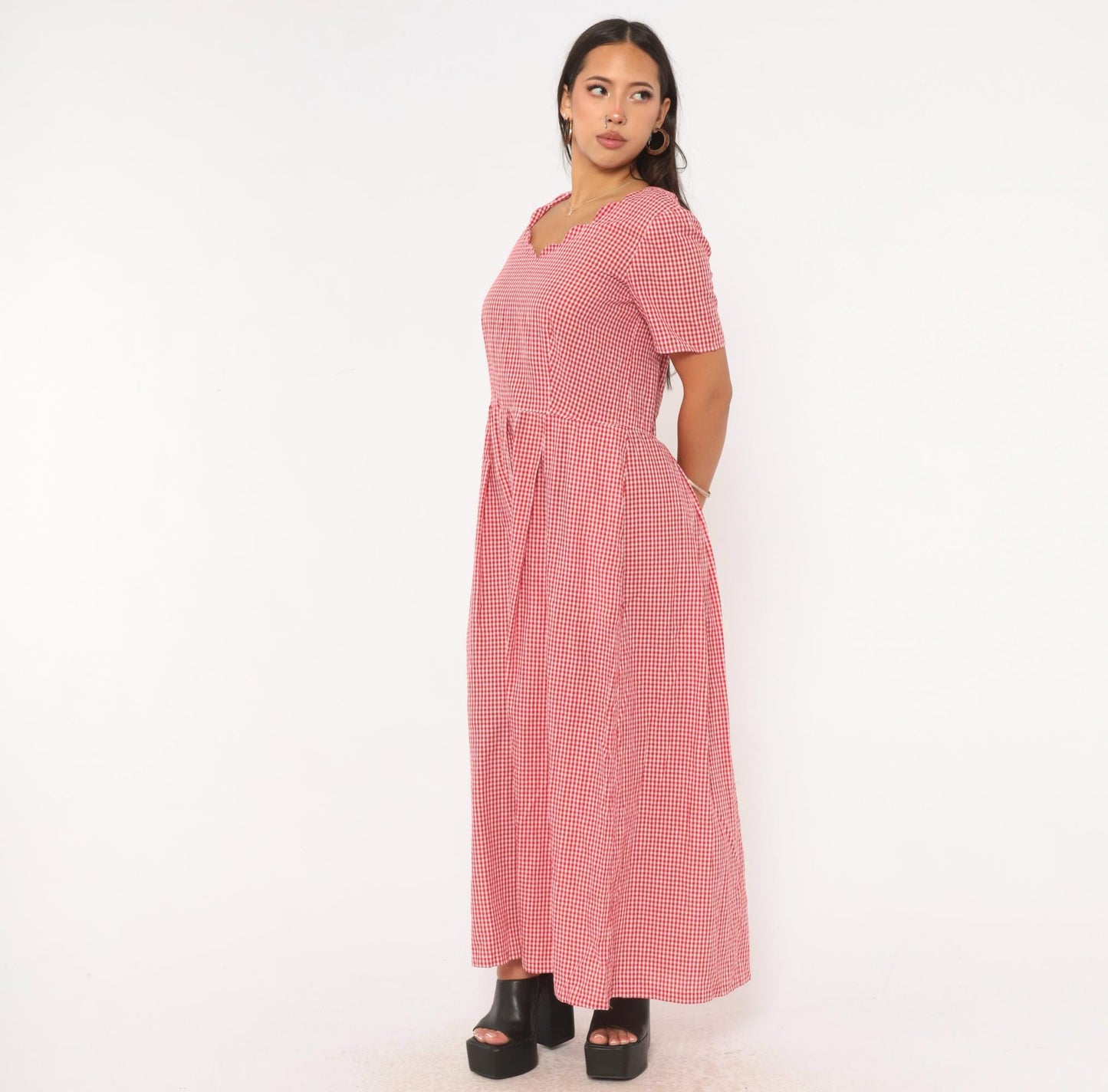 90s Red White Gingham Maxi Dress Sweetheart Neckline Pleated Cotton Large L