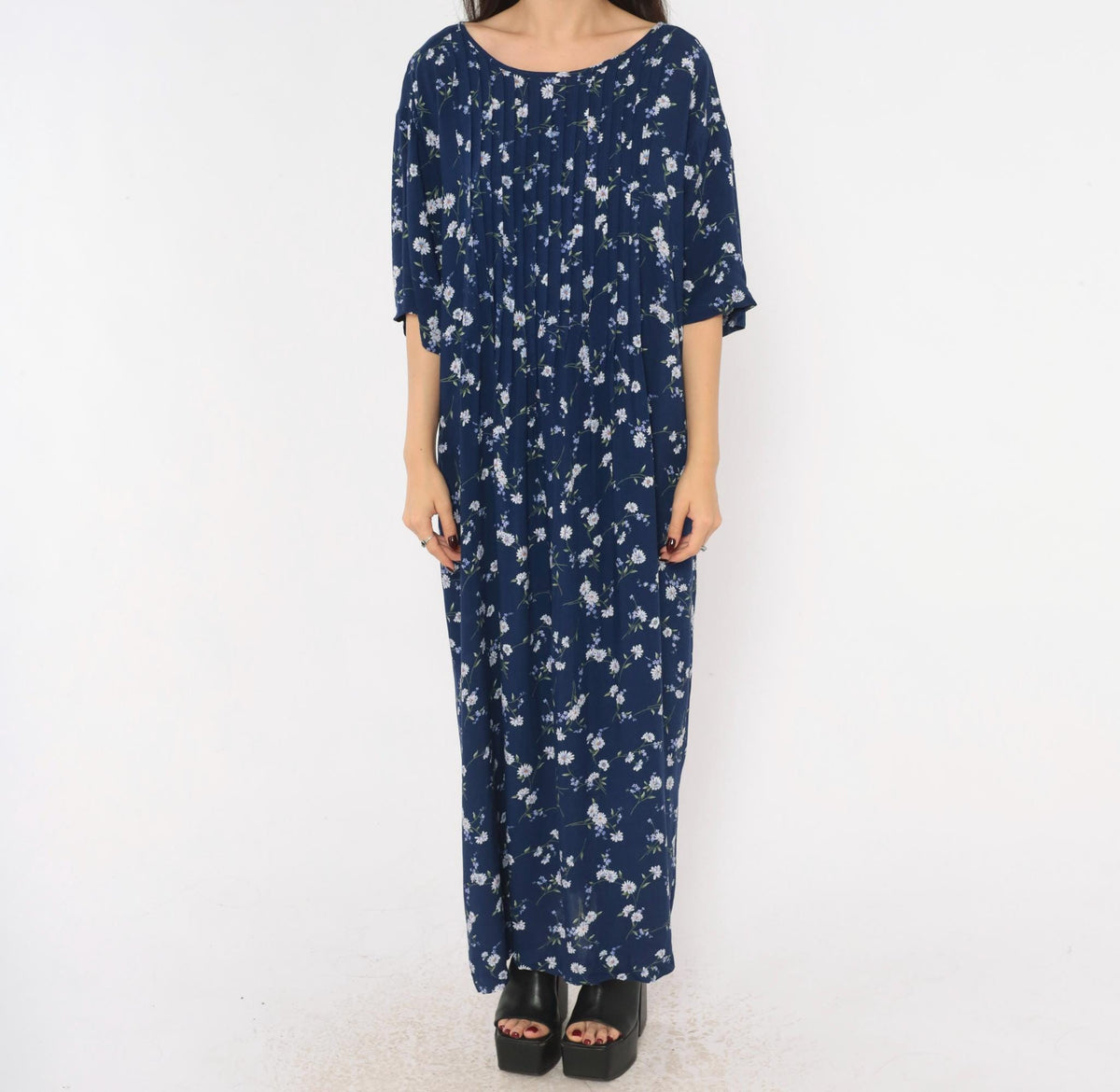 90s Navy Floral Rayon Dress Pintuck Daisy Print Tie Back Ankle Maxi Plus Size 3X