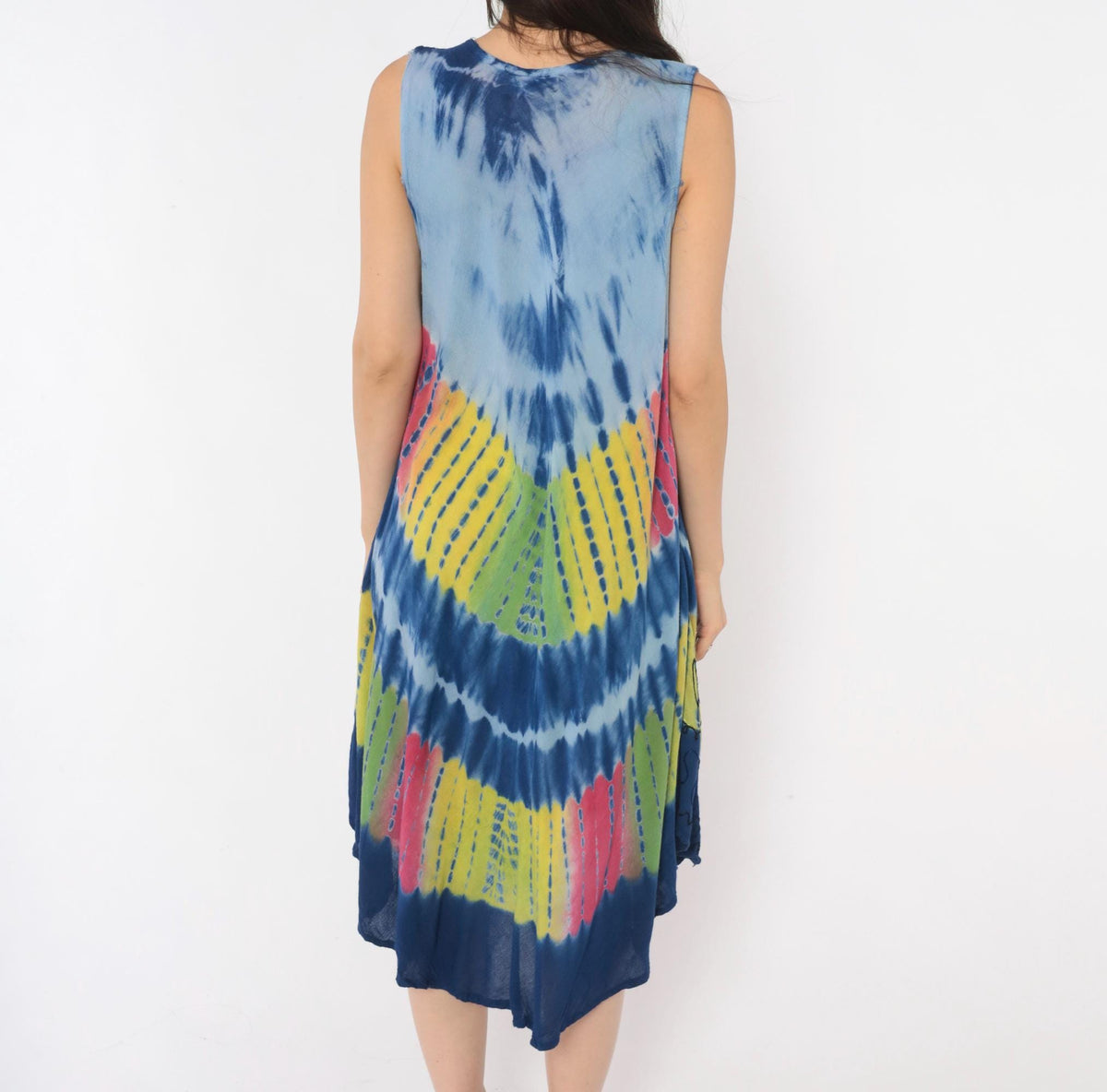 Y2K Tie Dye Sun Dress Blue Rayon Scoop Neck Trapeze Knee Length Small