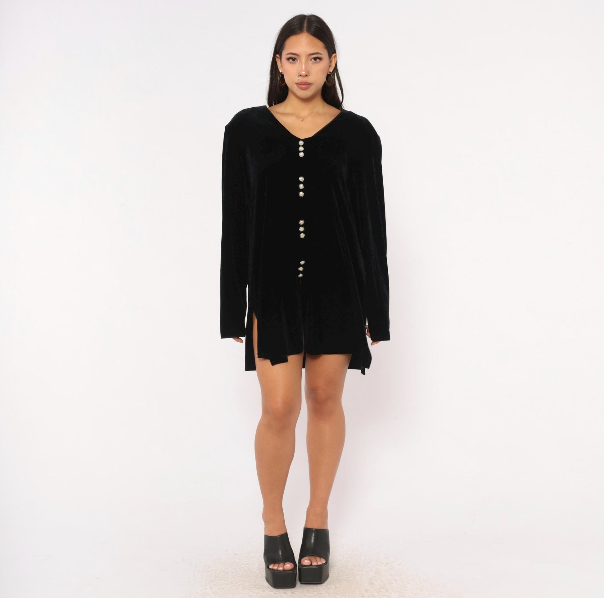 90s Another Thyme Black Velvet Mini Dress Pearl Buttons V-Neck Plus Size 1X