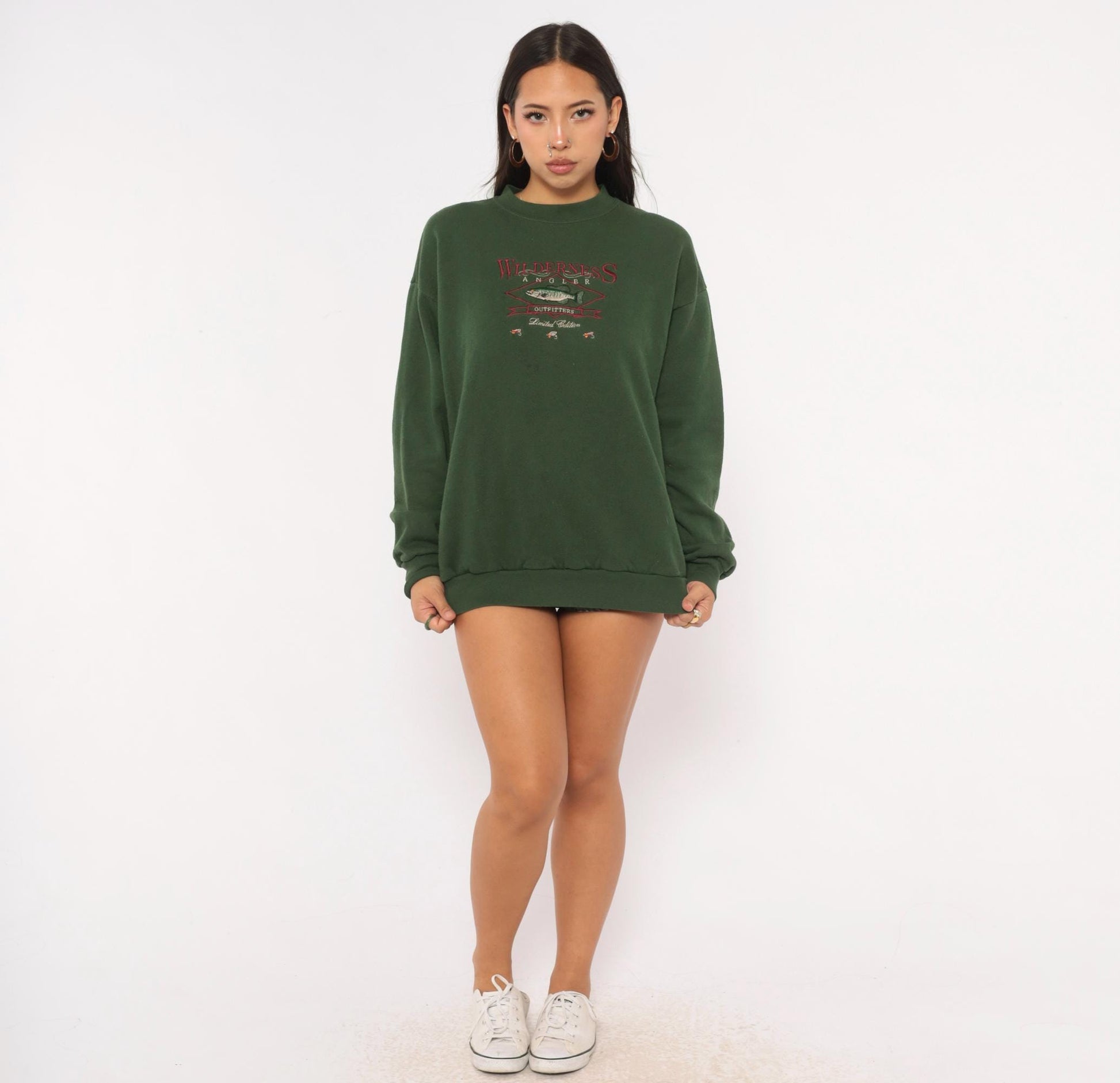 90s Tultex Wilderness Angler Embroidered Fish Sweatshirt Olive Green Large L