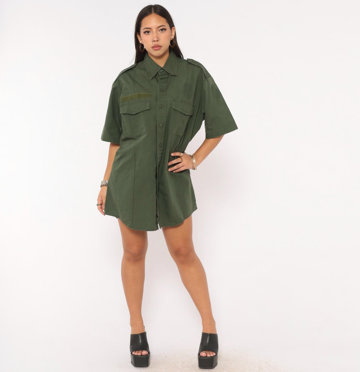90s Camco Military Shirt Olive Green Button-Up Utility Epaulette Extra Large