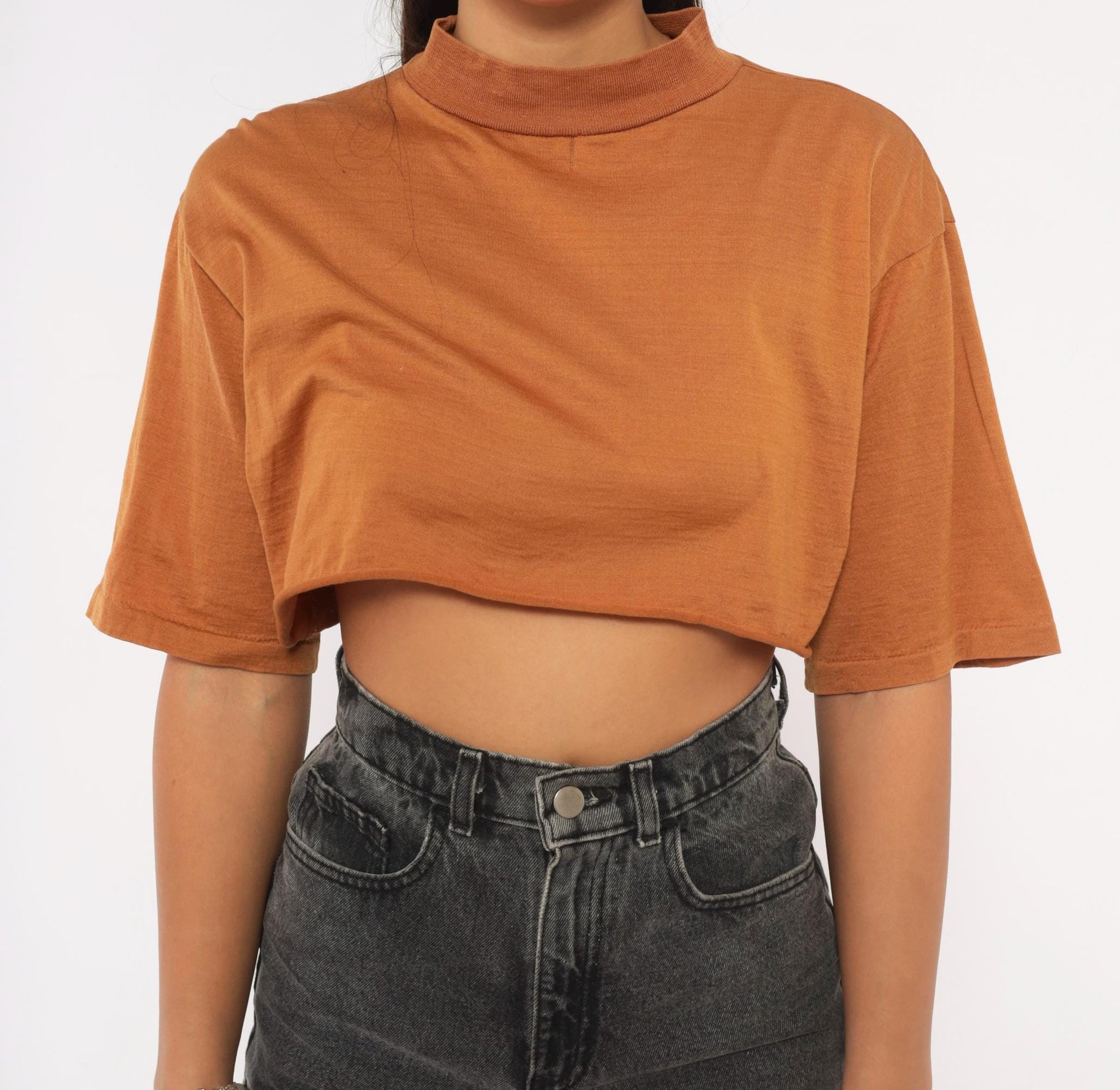 80s The Men's Store Rust Mock Neck Crop Top Cotton Durene Large L
